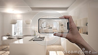 Hand holding smart phone, AR application, simulate furniture and interior design products in real home, architect designer concept Stock Photo
