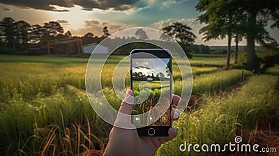 Hand holding smart phone camera up to take picture of green country field Stock Photo