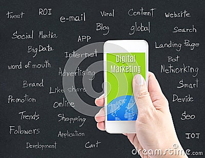 Hand holding smart phone with Digital Marketing word and word ab Stock Photo