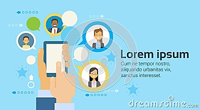 Hand Holding Smart Phone Or Digital Tablet Computer Business People Networking Icons Background Vector Illustration