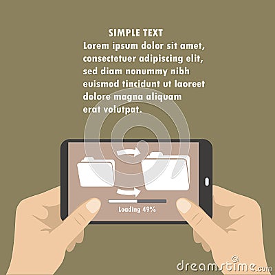 Hand holding smart phone, download files from folder to folder Vector Illustration