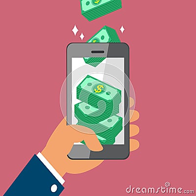 Hand holding smart phone and earning money stack Vector Illustration