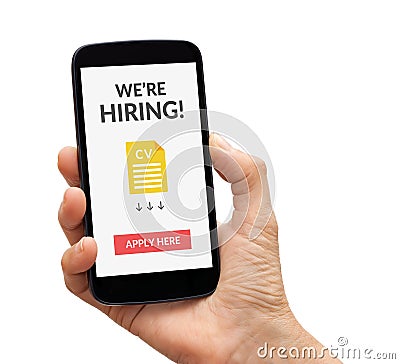 Hand holding smart phone with we are hiring apply now concept on Stock Photo
