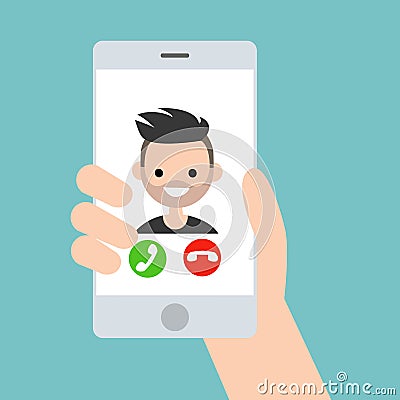 Hand holding a smart phone. Incoming call from young bearded man Cartoon Illustration