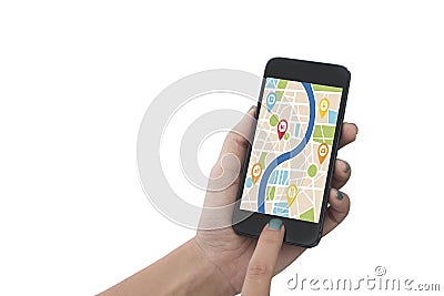 Hand holding smart phone with map gps navigation application. Stock Photo