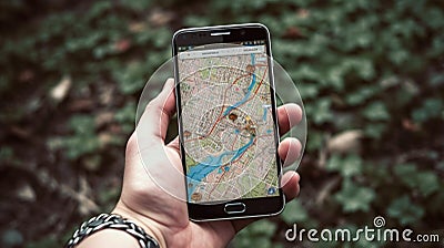 Hand holding smart phone with maps Stock Photo