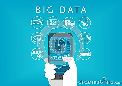 Hand holding smart phone with mobile data analysis dashboard for big data. Concept of different businesses Vector Illustration