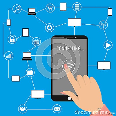 Hand holding smart phone and second hand touches the screen Vector Illustration