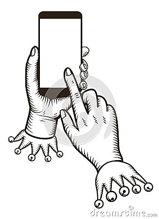 Hand holding smart phone with tap finger on the screen. E-commerce design concept. Using mobile smart phone similar to Vector Illustration