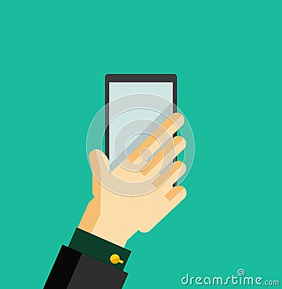 Hand holding smart phone trendy flat design Vector Illustration