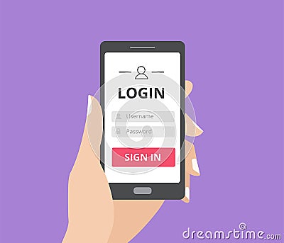 Hand holding smart phone with user login form page and sign in button. Username and password box. Vector Illustration