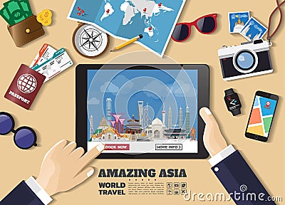 Hand holding smart tablet booking travel destination.Asia famous places.Vector concept banners in flat style with the set of Vector Illustration