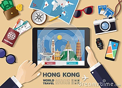 Hand holding smart tablet booking travel destination.Hong kong famous places.Vector concept banners in flat style with the set of Vector Illustration