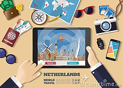 Hand holding smart tablet booking travel destination.Netherland famous places.Vector concept banners in flat style with the set of Vector Illustration