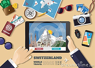 Hand holding smart tablet booking travel destination.Switzerland famous places.Vector concept banners in flat style with the set Vector Illustration