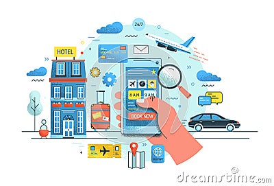 Hand holding smartphone against hotel building, flying plane, riding car and suitcase on background. Concept of online Vector Illustration