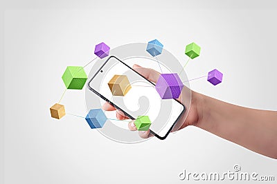 Hand holding smartphone with blockchain cubes, binary code, and connecting lines Stock Photo