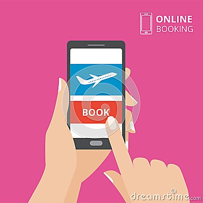 Hand holding smartphone with book button and airplane icon on screen. Design concept of online tickets, flight booking Vector Illustration