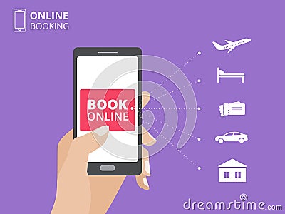 Hand holding smartphone with book button on screen. Online booking design concept. Hotel, flight, car, tickets. Vector Illustration