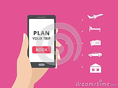 Hand holding smartphone with book button on screen. Online booking design elements, hotel, flight, car, tickets Vector Illustration