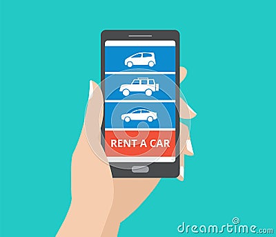 Hand holding smartphone with car icons and rent a car button on screen. Design concept of car hire mobile application Vector Illustration