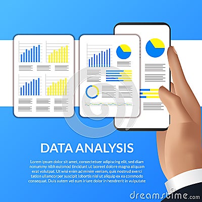 Hand holding smartphone chart, graph, statistic for data analysis Stock Photo