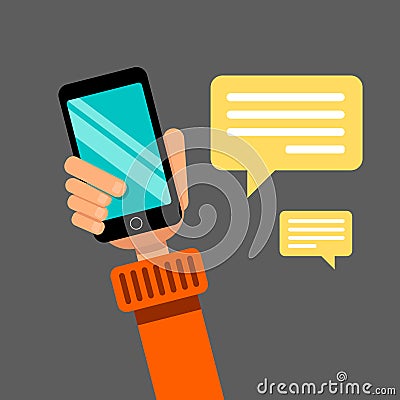 Hand holding smartphone. Communication via social networks and browsing websites Vector Illustration