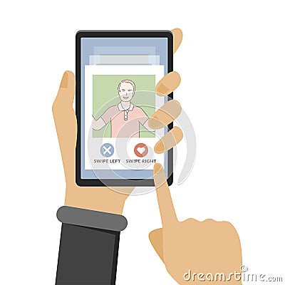 Hand holding smartphone with dating application. Phone display with profile information vector cartoon illustration. Vector Illustration