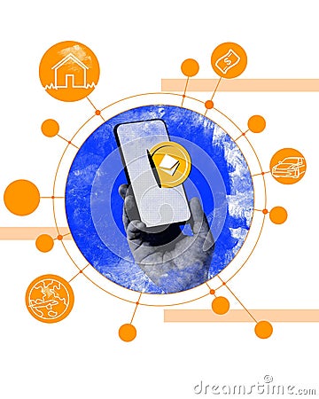 Hand holding smartphone displaying Ethereum coin, encircled by various icons. Faster and cheaper way of payment with Stock Photo
