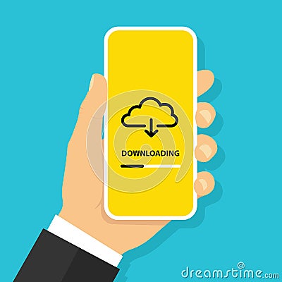 Hand holding smartphone with download file button from cloud on screen. Loading process concept - stock vector Vector Illustration