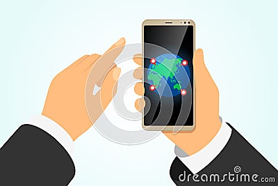 Hand holding smartphone with earth planet and gps location pin pointers on finger touching screen. Global online Vector Illustration