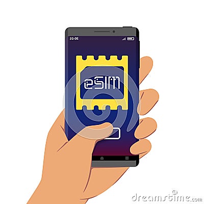 Hand Holding Smartphone With eSIM Chip Sign on Its Screen Vector Illustration