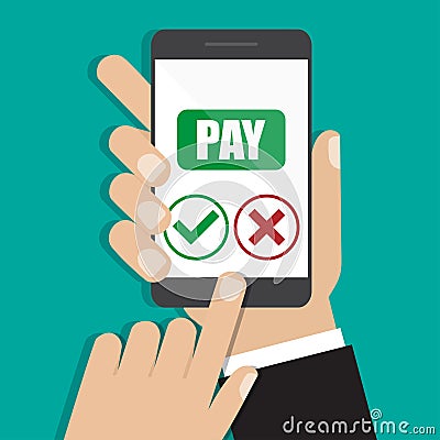 Hand holding smartphone in a flat design. Receiving phone pay. Vector illustration eps10 Cartoon Illustration