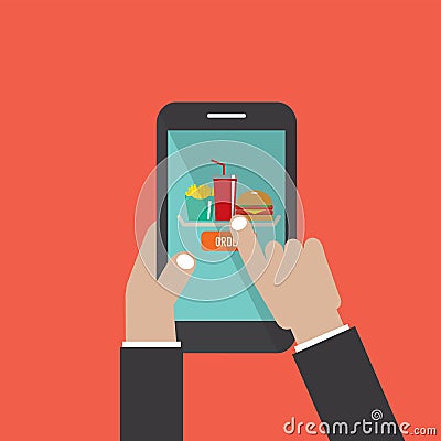 Hand Holding Smartphone With Hamburger, French Fries, Cola On The Screen Vector Illustration