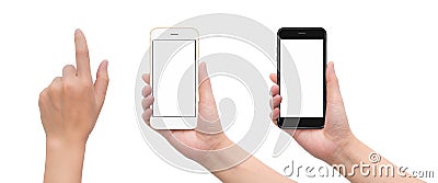 Hand holding smartphone with hand touching gesture Stock Photo