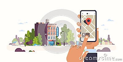 Hand holding smartphone hotel booking concept hostel building exterior mobile app gps searching point on city map Vector Illustration