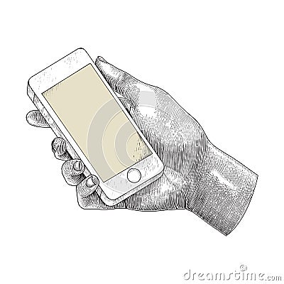 Hand holding smartphone,Human hand drawing engraving illustration Cartoon Illustration