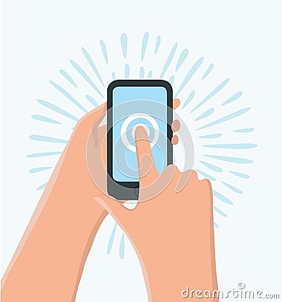 Hand holding smartphone with incoming call screen. Finger touch display. Vector Illustration
