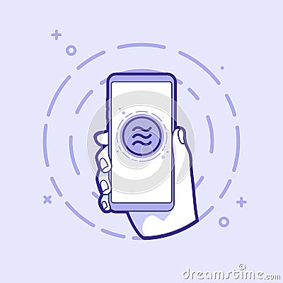 Hand holding smartphone with Libra coin. Use in Web Project and Applications. Outline object. Vector Illustration