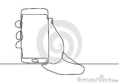 Hand holding smartphone or mobile phone gadget. Continuous line drawing. One hand drawn sketch single lineart. Minimalism vector Vector Illustration