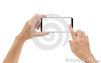 Hand holding smartphone mobile and touching screen isolated Stock Photo