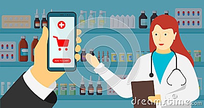 Hand holding smartphone near pharmacist white female doctor. Online pharmacy mobile app concept. Add to cart button on Vector Illustration