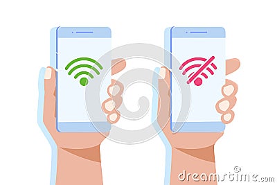 Hand holding smartphone with No wifi sign and good wifi connection. Bad internet. Vector Illustration
