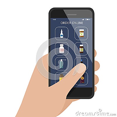 Hand holding smartphone with pharmacy / drugstore online shopping app. Medicine bottles, vitamins, drops, sprays on display. Vecto Vector Illustration