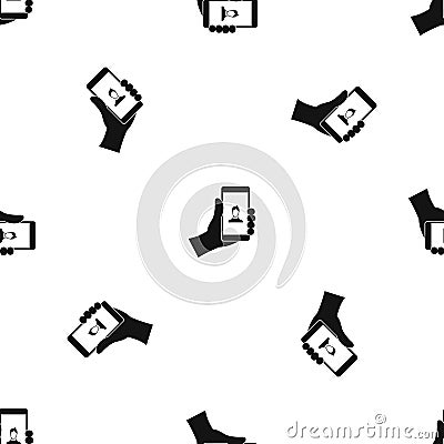 Hand holding smartphone with photo pattern seamless black Vector Illustration