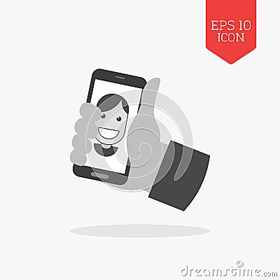 Hand holding smartphone with photo portrait icon, selfei concept Vector Illustration