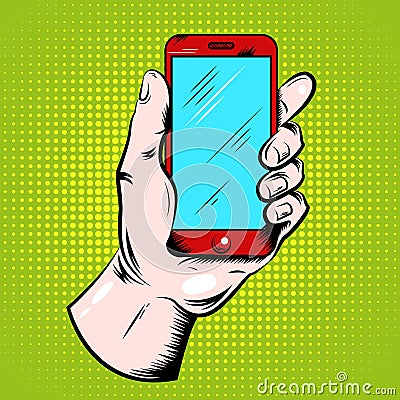 Hand Holding Smartphone Pop Art Design Vector Illustration