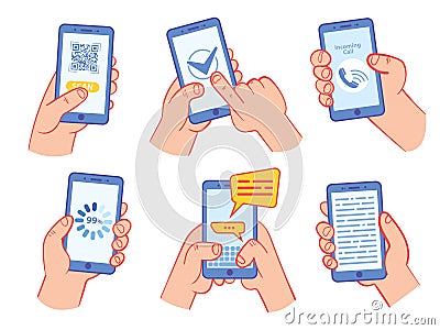Hand holding smartphone with QR code, page load, chatting, incoming call Vector Illustration