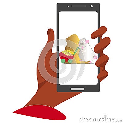 Hand holding a smartphone with rich rat and loads of gold coins. Wealth concept Cartoon Illustration