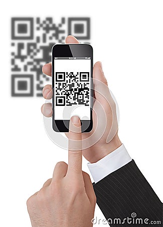 Hand Holding a Smartphone scanning qrcode Stock Photo